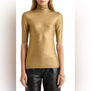 Lauren Ralph Lauren Metallic 1/2 Sleeve Stretch Jersey Roll Neck Pullover Top